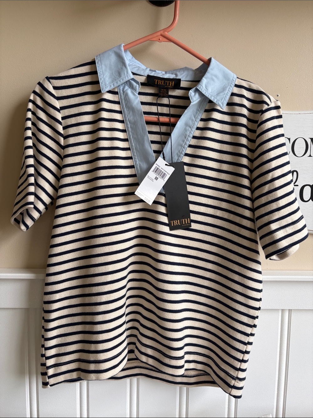 TRUTH Ivory & Navy Striped Short Sleeve Polo with Light Blue Collar